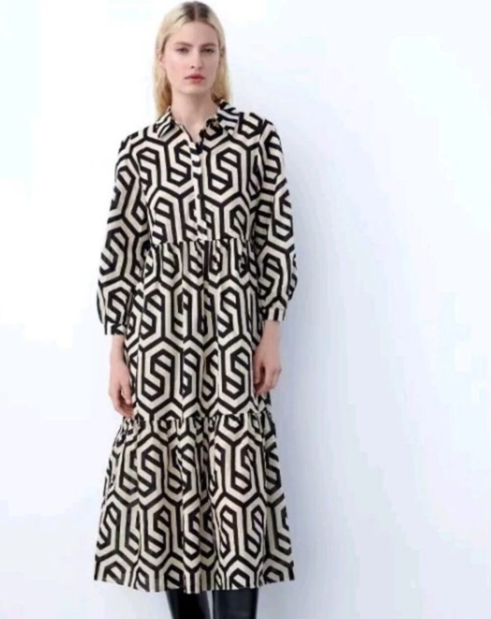 Zara Karen Tiered Popover Geometric Print Shirt Dress Puff Sleeve Midi Maxi